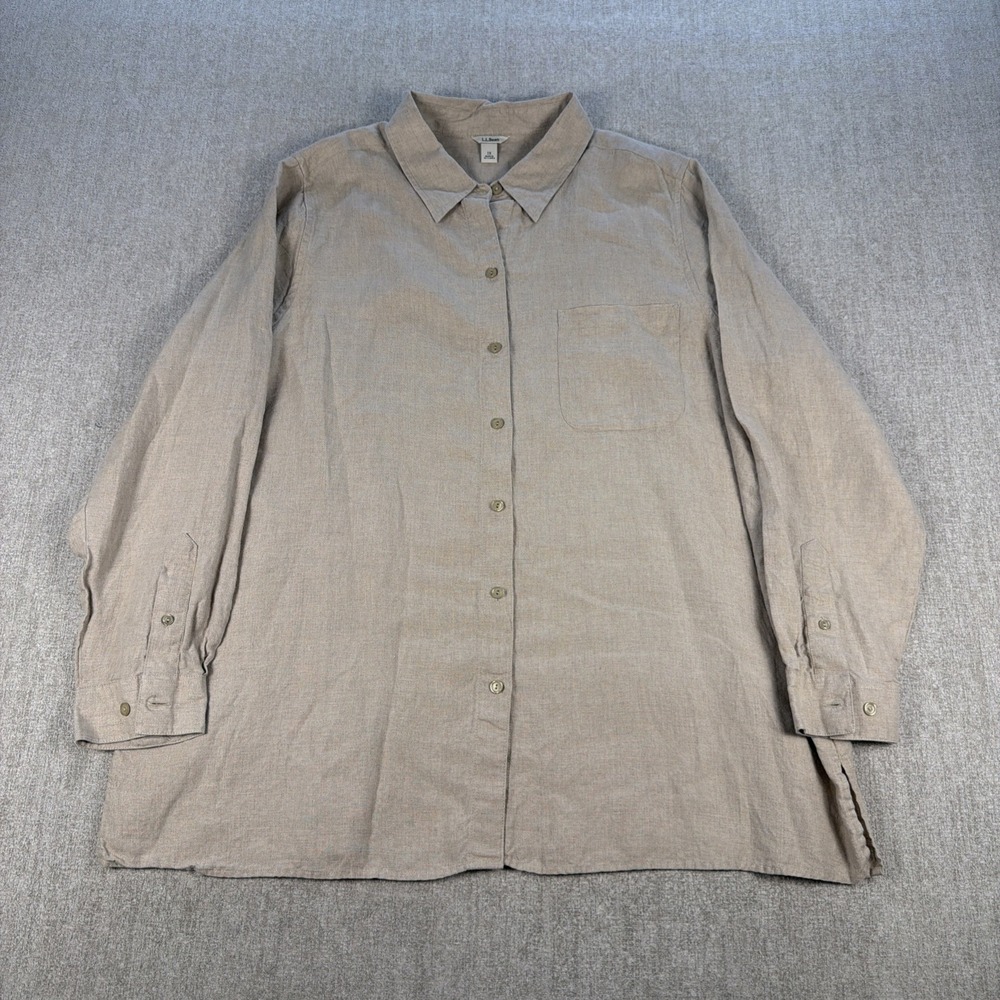 LL‎ Bean 100% Linen Button Front Shirt Womens 1X Natural Beige Coastal Cottage